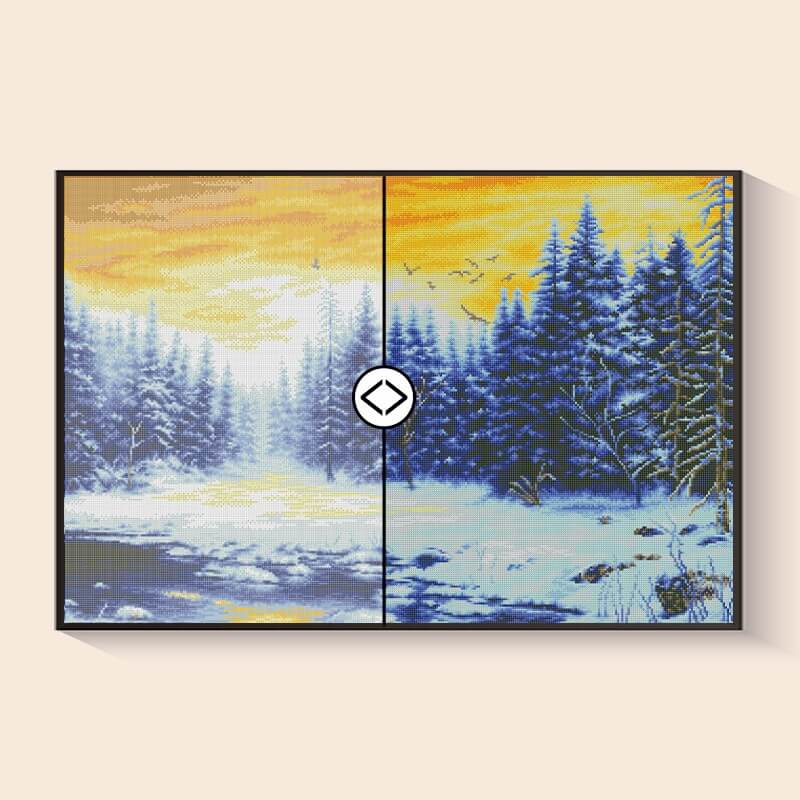 Before and after comparison – Winter Lake Sunset Diamond Painting Kit | DYC