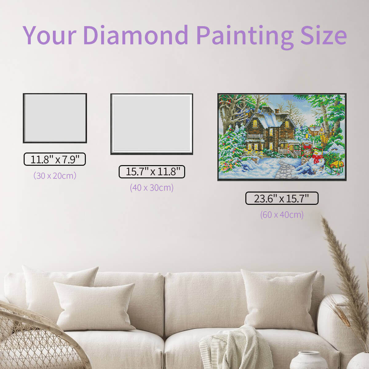 Size chart of winter landscape diamond painting snowlit path cottage