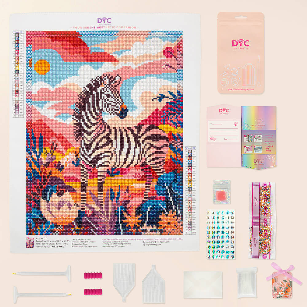 Complete zebra diamond painting kit with colorful drills and tools
