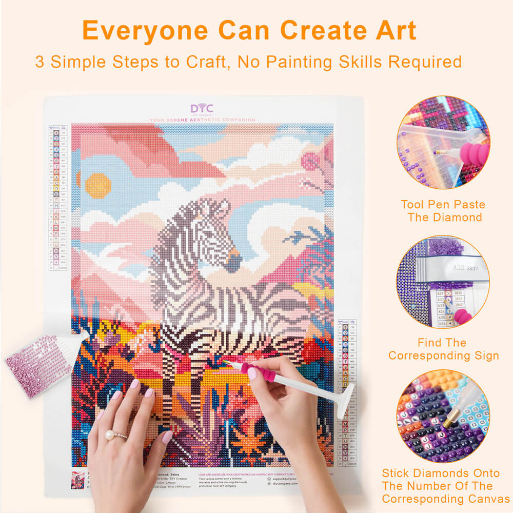 Step by step process of creating zebra colorful diamond art painting