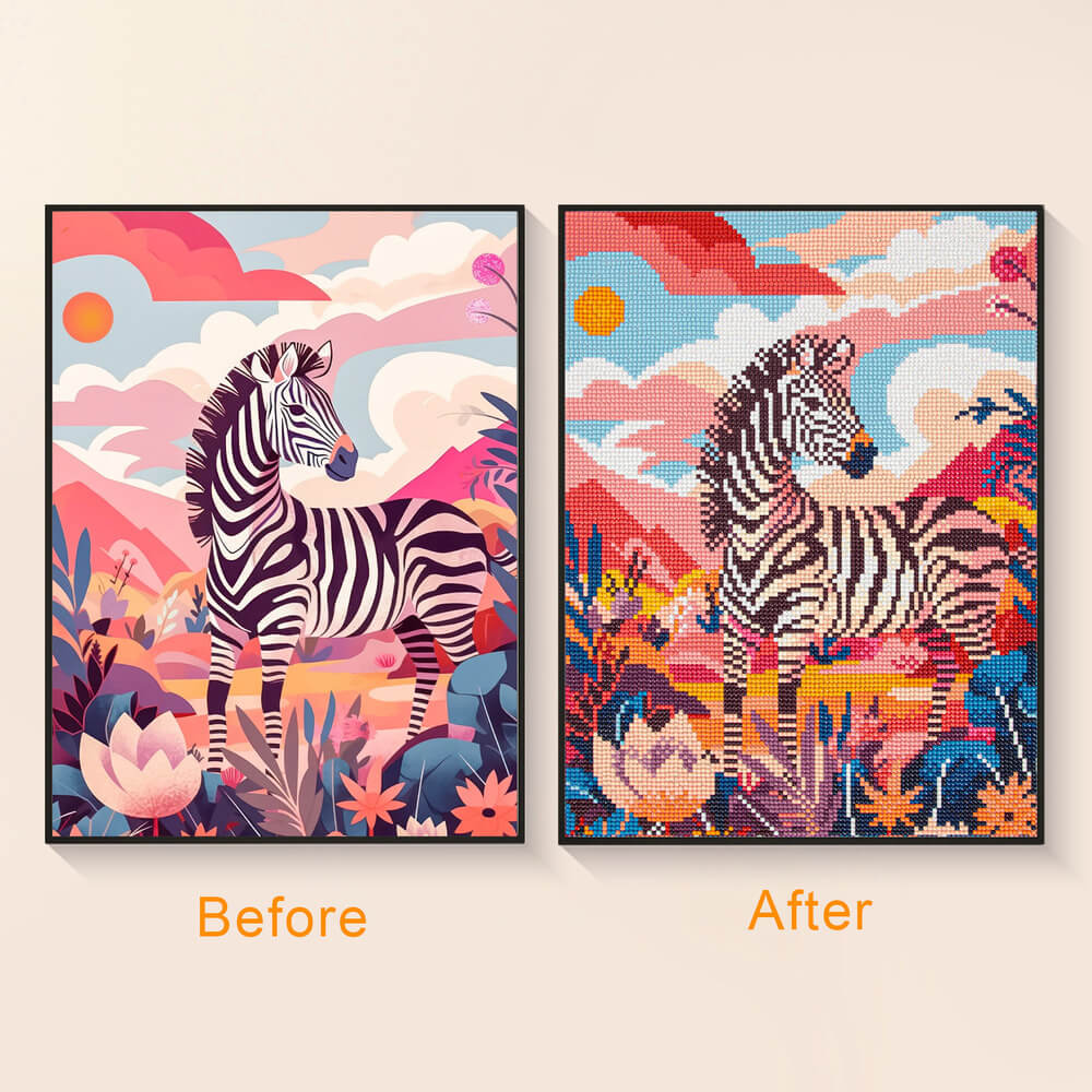 Before and after comparison of zebra colorful diamond art painting