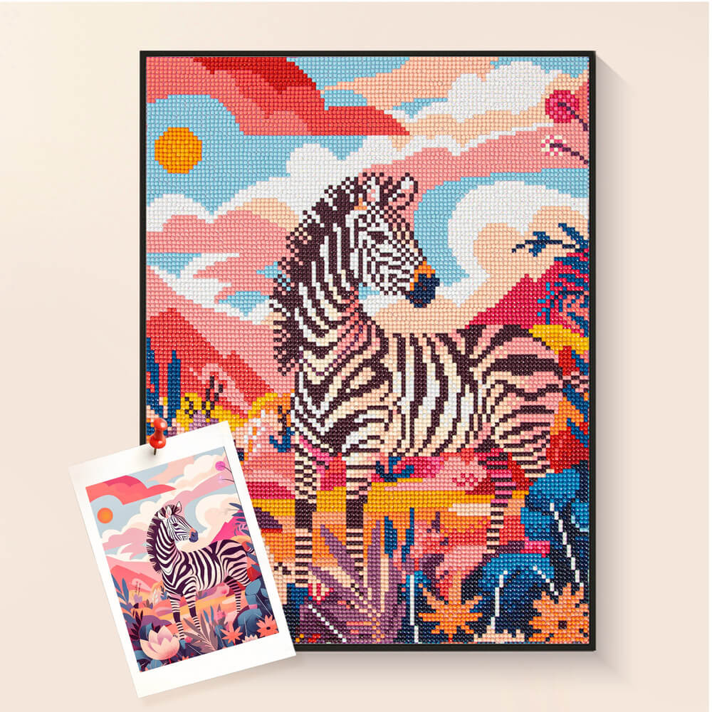 Zebra diamond painting kit with colorful abstract harmony design