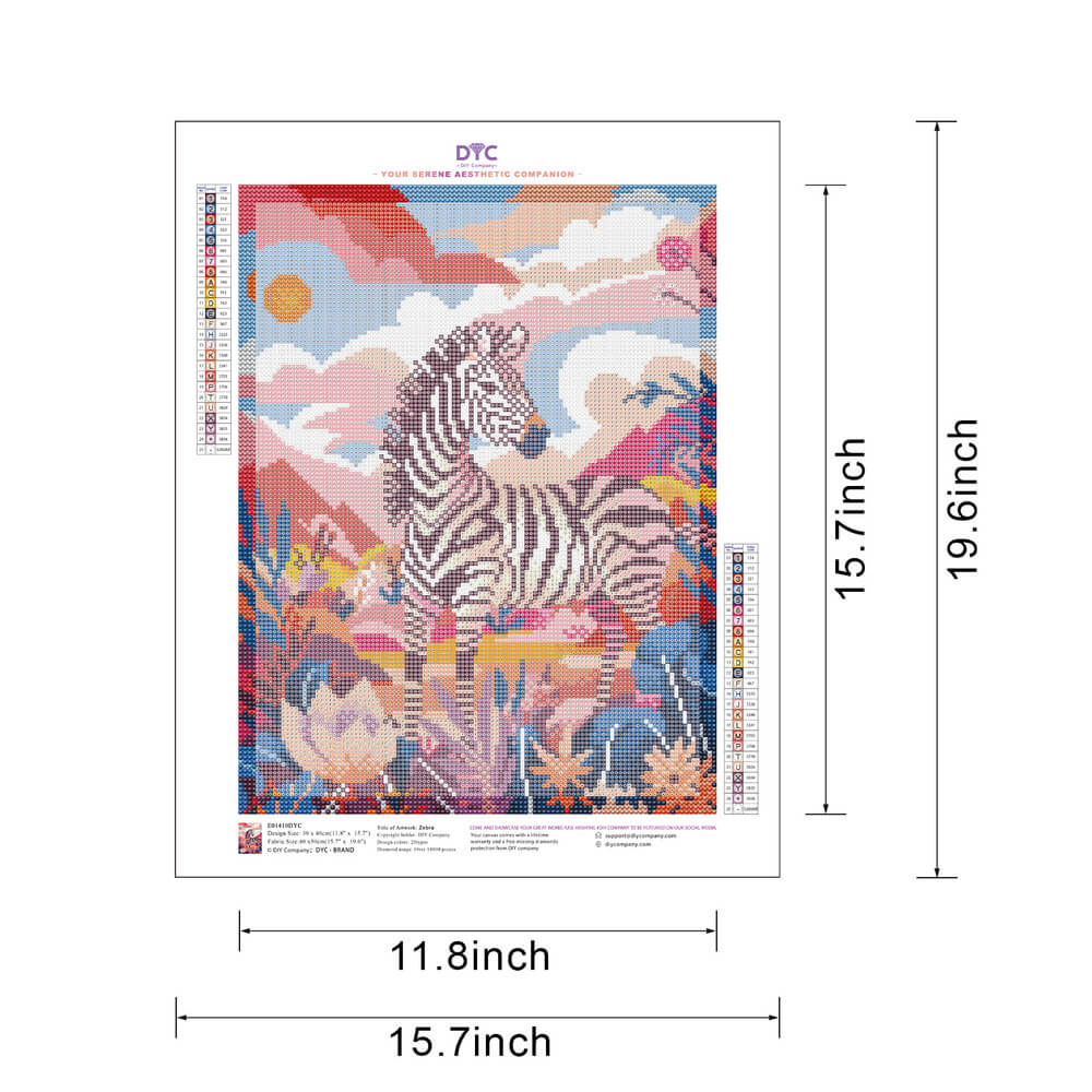 Size guide for zebra diamond painting kit colorful design