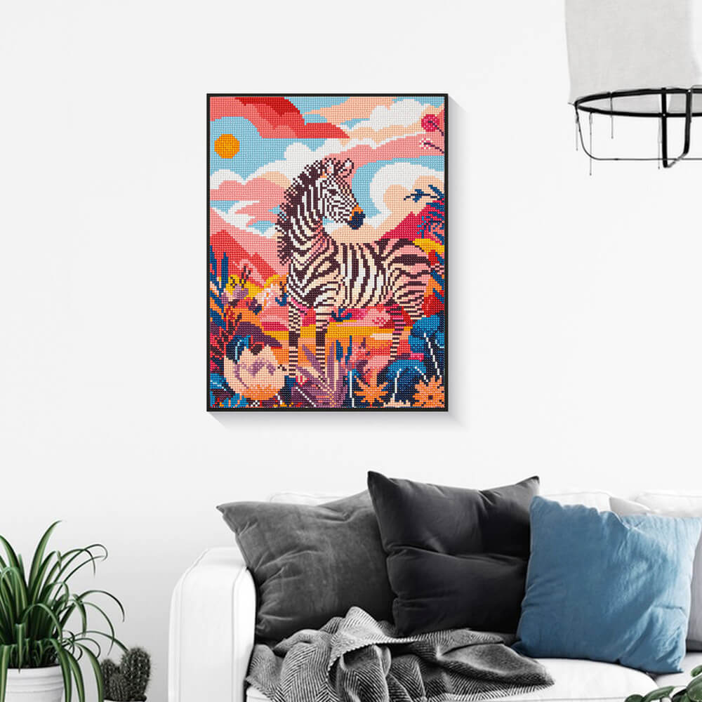Zebra diamond painting framed as colorful modern wall décor